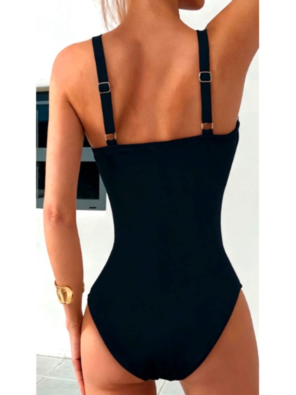 Classic Black One-Piece V Neck Swimwear with Mesh Inset L - Picture 5 of 10